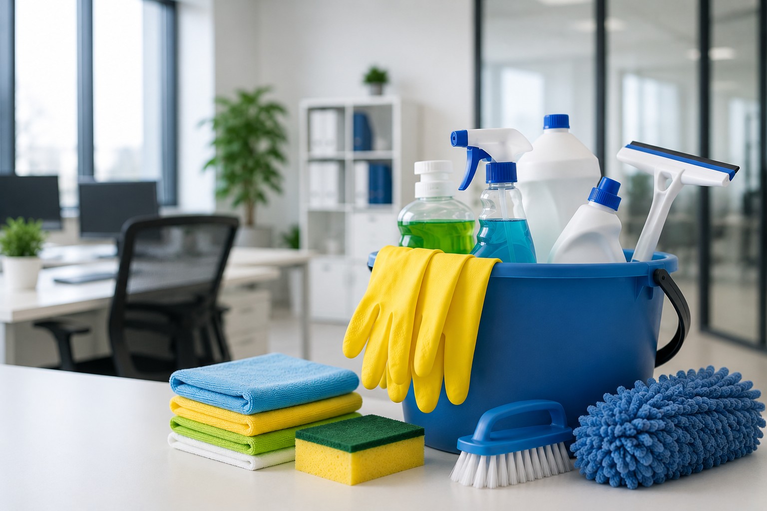 Office area with cleaning suppies