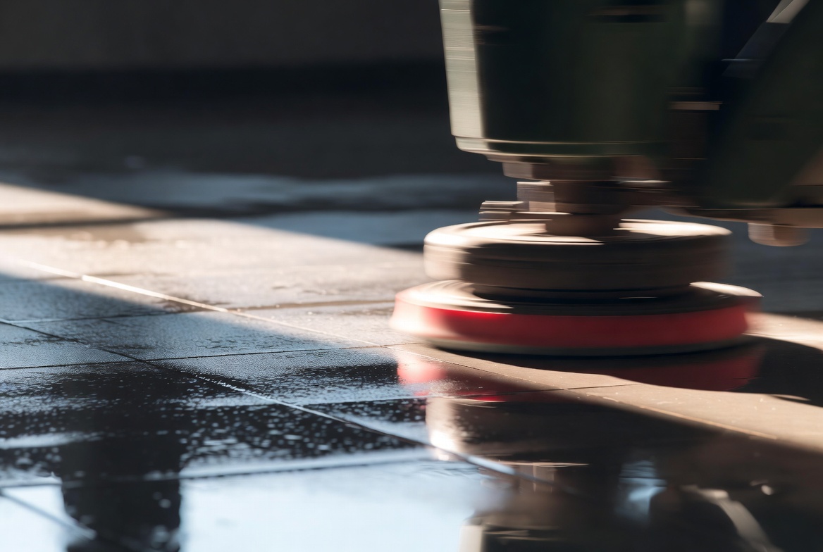 Close-up of commercial floor polishing and buffing machine on reflective tile