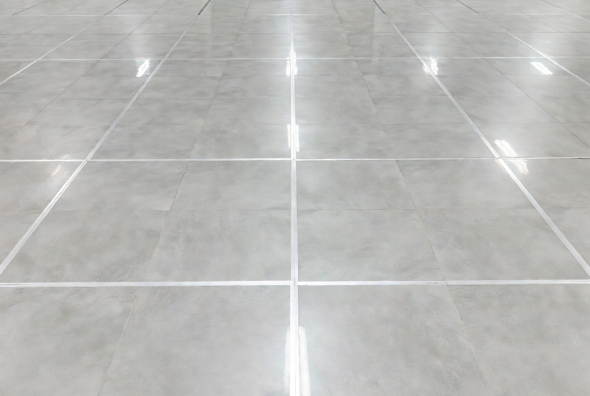 Close-up of pristine polished commercial tile floors with clean white grout